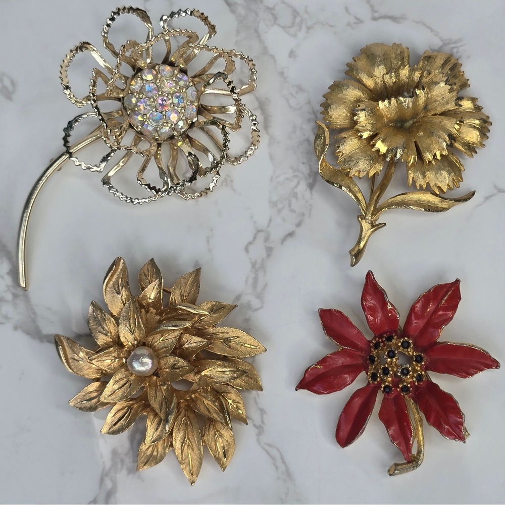 Vintage Signed Brooch Lot 4pc Capri Mamselle CS Sarah Coventry Floral Rhinestone